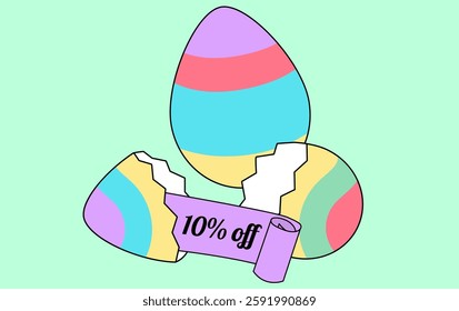 Happy Easter sale 10% off poster and template with Easter Eggs. Ten percent off. Promotion template for Easter Day. Vector illustration.