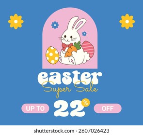 Happy Easter sale 22% off. Twenty two Percent OFF Super Sale. Happy Easter Vector with Bunny