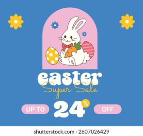 Happy Easter sale 24% off. Twenty four Percent OFF Super Sale. Happy Easter Vector with Bunny