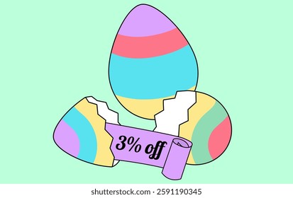 Happy Easter sale 3% off poster and template with Easter Eggs. Three percent off. Promotion template for Easter Day.Vector illustration.