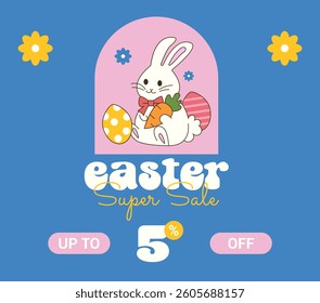 Happy Easter sale 5% off. Five Percent OFF Super Sale. Happy Easter Vector with Bunny, Colorful Easter Eggs, Flowers. Illustration.