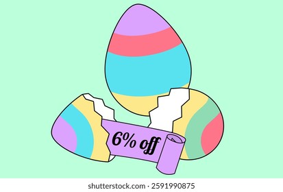 Happy Easter sale 6% off poster and template with Easter Eggs. Six percent off. Promotion template for Easter Day. Vector illustration.
