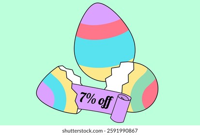 Happy Easter sale 7% off poster and template with Easter Eggs. Seven percent off. Promotion template for Easter Day. Vector illustration.