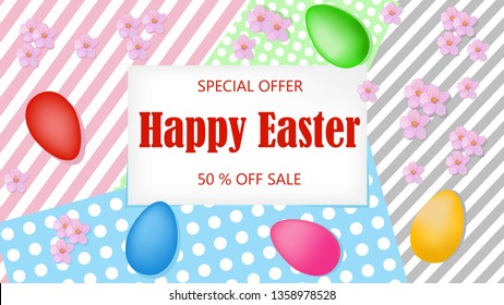 Happy Easter sale background. Composition with eggs and flowers. Vector illustration for website, posters, banners, ads, coupons, promotional material.