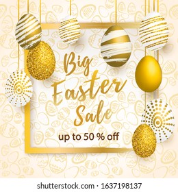 Happy Easter Sale background with many realistic golden shine decorated eggs