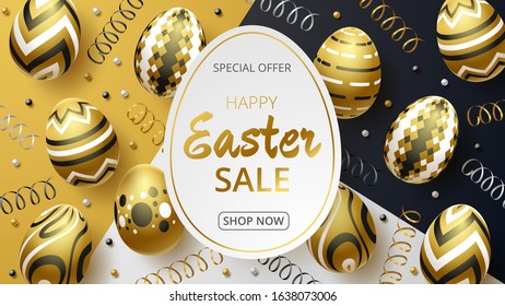 Happy Easter sale background with realistic golden eggs, confetti and egg shape. Vector illustration