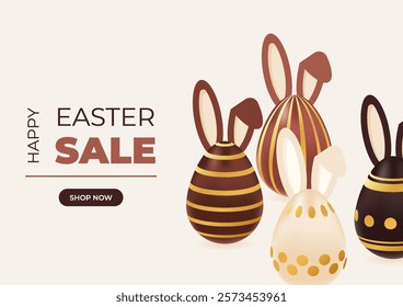 Happy Easter sale background realistic chocolate eggs with golden pattern. Promotion, shopping template. Vector illustration of brown,beige colors. Design for ad, special offer, discount, voucher 