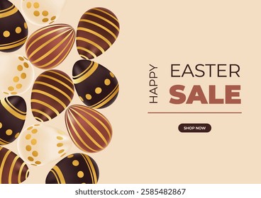 Happy Easter sale background realistic chocolate golden eggs. Promotion, shopping template. Vector illustration of brown,beige colors. Design for ad, special offer, discount, voucher 