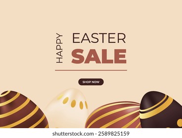 Happy Easter sale background realistic chocolate golden eggs. Promotion, shopping template. Vector illustration of brown,beige colors. Design for ad, special offer, discount, voucher 