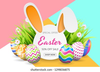 Happy easter sale background template with beautiful flowers, grass and eggs. Vector illustration