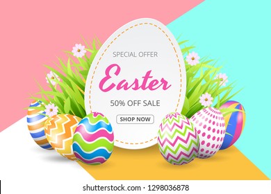 Happy easter sale background template with beautiful flowers, grass and eggs. Vector illustration