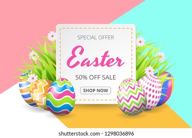 Happy easter sale background template with beautiful flowers, grass and eggs. Vector illustration