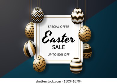 Happy easter sale background template with realistic golden shine decorated eggs. greeting card, ad, promotion, poster, flyer, web-banner, article. Vector illustration