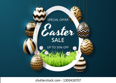 Happy easter sale background template with realistic golden shine decorated eggs and grass. greeting card, ad, promotion, poster, flyer, web-banner, article. Vector illustration