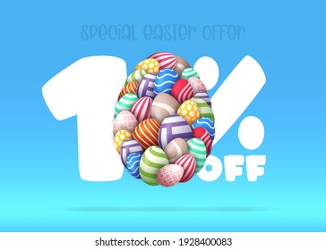 Happy Easter Sale banner. Easter Sale 10 off banner template with many Colorful Painted Easter Eggs. Vector illustration