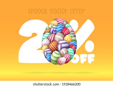 Happy Easter Sale banner. Easter Sale 20 off banner template with many Colorful Painted Easter Eggs. Vector illustration