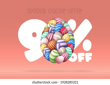 Happy Easter Sale banner. Easter Sale 90 off banner template with many Colorful Painted Easter Eggs. Vector illustration