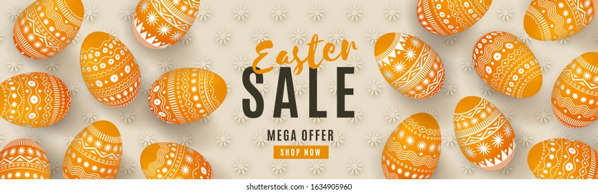 Happy Easter Sale banner. Beautiful horizontal template with painted orange 3D eggs and floral background. Minimal monochrome design for website, poster, ad, promotion
