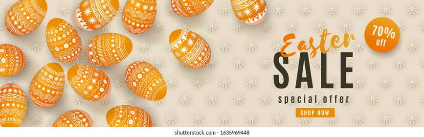 Happy Easter Sale banner. Beautiful horizontal template with painted orange 3D eggs and floral background. Minimal monochrome design for website, poster, ad, promotion