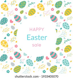 Happy Easter sale banner with beautiful flowers, leaves, twigs and and eggs. Vector illustration. Spring minimalistic background.