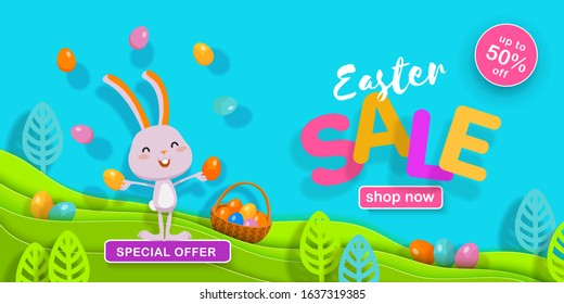 Happy Easter Sale banner. Bright paper cut layered background with funny bunny, Easter eggs, basket, stylized plants. Vector illustration for website, poster, ad, coupon, promotion