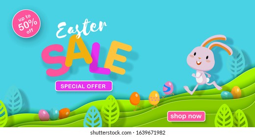 Happy Easter Sale banner. Bright paper cut layered background with funny bunny, Easter eggs, basket, stylized plants. Vector illustration for website, poster, ad, coupon, promotion