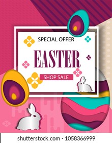 Happy Easter sale banner. Colorful Easter eggs and 3d abstract multicolor paper cut shapes. Design for holiday flyer, poster, greeting card, party invitation. Vector illustration.