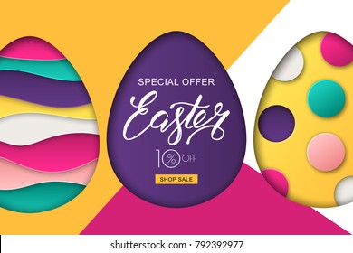 Happy Easter sale banner. Colorful Easter eggs and 3d abstract multicolor paper cut shapes. Design for holiday flyer, poster, greeting card, party invitation. Vector illustration.