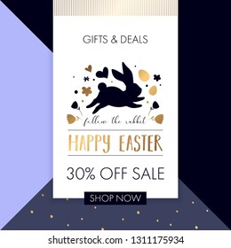 "Happy Easter" sale banner design. Vector typographic poster with Easter egg hunt, rabbit, flowers and golden gradient. Good for invitations, prints, stickers, banners and tags.