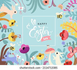 Happy Easter Sale banner. Easter design with typography, Flowers strokes, dots, eggs, and bunny. Colorful modern flat style. Poster, greeting card, header