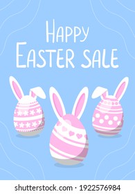 Happy easter sale banner. Eggs with bunny ears and diffirent patterns. Blue background.
