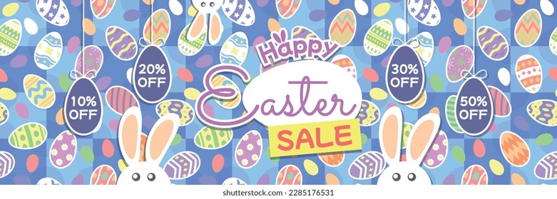 Happy Easter Sale Banner - Easter Eggs Hanging with Discounts 10%, 20%, 30% and 50% off