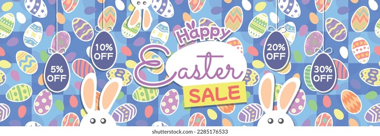 Happy Easter Sale Banner - Easter Eggs Hanging with Discounts 5%, 10%, 20% and 30% off