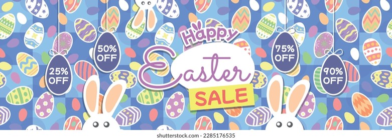 Cartel de venta de pascua feliz - Huevos de Pascua colgando con descuentos del 25%, 50%, 75% y 90% de descuento