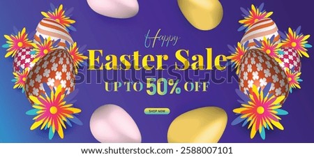 Happy Easter sale banner with floral decorations, golden eggs, 50% off discount, dark elegant background, spring holiday shopping