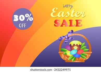 Happy Easter Sale. Banner,  Sale Flyer with Basket, Easter Cupcake and Easter Eggs. Festive backgrounds for Easter.  Flyers or templates for discounts and promotions. 30 percent.