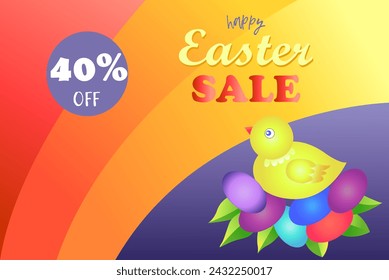 Happy Easter Sale. Banner, Easter Sale Flyer with Easter Eggs and Chicken. Festive backgrounds for Easter.  Flyers or templates for discounts and promotions. 40 percent.