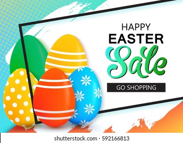 Happy Easter sale banner with geometric background, eggs and frame. 