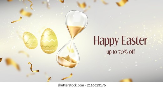 Happy Easter sale banner with gold eggs, sandglass and confetti on blurred background with golden glittering and sparkles. Holiday promotion, shopping discount offer, Realistic 3d vector illustration