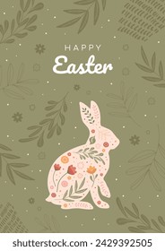 Happy Easter Sale banner, greeting card, poster, holiday cover. Rabbit Silhouette With Botanical Illustrations. Vector