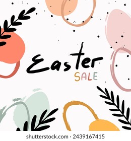 Happy Easter sale banner. Greeting card, poster, holiday cover. Trendy Easter design eggs and bunny in pastel colors. Modern minimal style.