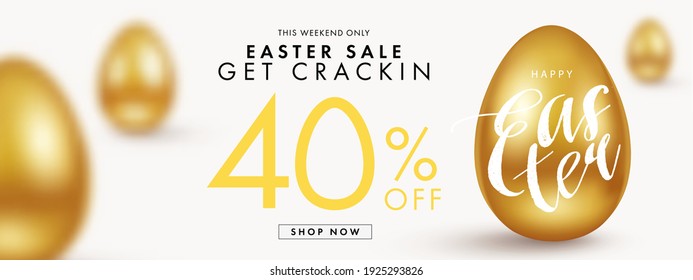 Happy Easter Sale banner, poster, holiday cover, flyer, card  in 3d realistic style with golden eggs on white background. Modern minimal design for social media, advertising, web. 40 percent discount