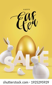 Banner de Happy Easter Sale, afiche, tarjeta, portada de vacaciones, diseño de volante en un estilo 3d realista con huevo dorado, conejos blancos y ave pequeña en amarillo. Diseño moderno para medios sociales, publicidad, web