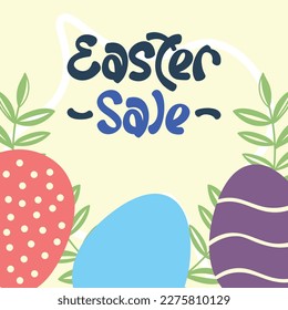 Happy Easter Sale banner, poster, greating card, background. Flat design eggs, plants and cute typography with pastel colors. Vector illustration for social media, website, invitation, ads, mobile.