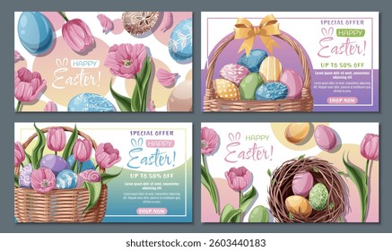 Happy Easter Sale Banner Set with Nest, Basket of Colorful Eggs and Tulips. Spring Holiday Promo Kit for Social Media, Posters, Flyers, and Digital Ads. Festive Vector Illustrations.