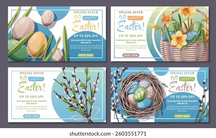 Happy Easter Sale Banner Set with Daffodil Basket, Colorful Eggs, Nest, and Willow Branches. Spring Holiday Promo Kit for Social Media, Posters, Flyers, and Digital Ads. Festive Vector Illustrations.