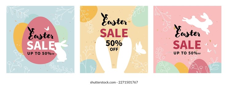 Happy Easter Sale banner for social media post template. Trendy Easter design with eggs, rabbit, flowers and plants in pastel colors. Modern minimal style. 