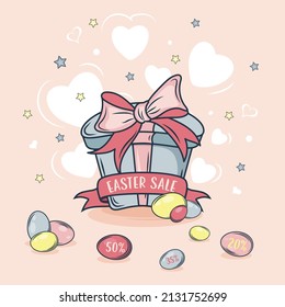 Happy Easter sale banner with surprise gift box with colorful eggs. Sale, Party, Shopping poster. Easter Sunday design banner