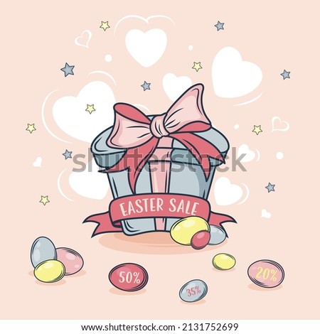Happy Easter sale banner with surprise gift box with colorful eggs. Sale, Party, Shopping poster. Easter Sunday design banner