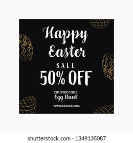 Happy Easter sale banner template with Golden glitter eggs. Vector illustration.